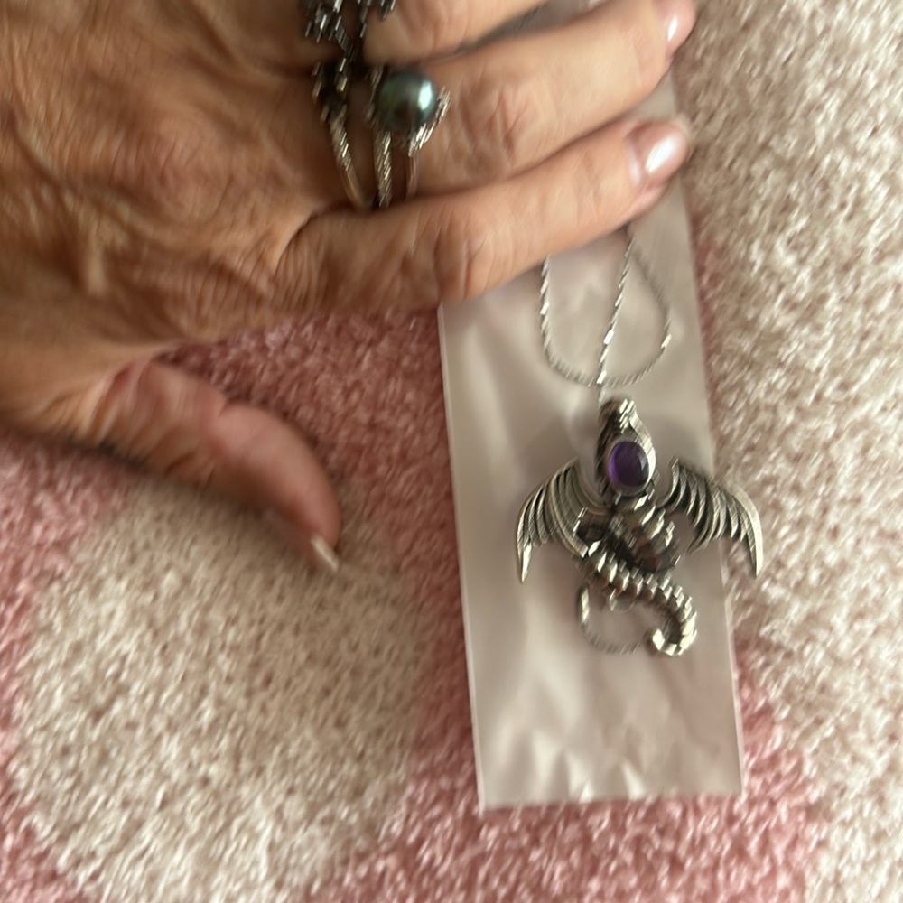 Stainless silver chain with lavender dragon pendant